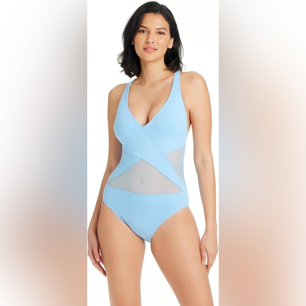 NWT Bleu Rod Beattie Women's Don’t Mesh with Me V-Neck One-Piece in Skyline 12